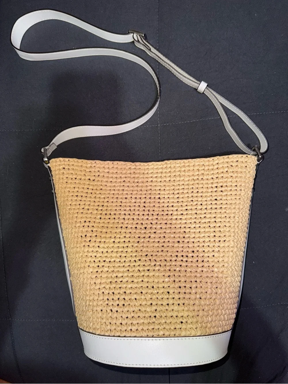 Michael Kors White & Tan Woven Crossbody Bucket Bag